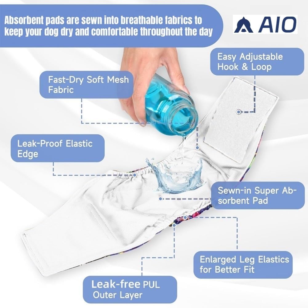Side view of the brown green and blue AIO pet diapers highlighting the durable stitching and fabric structure