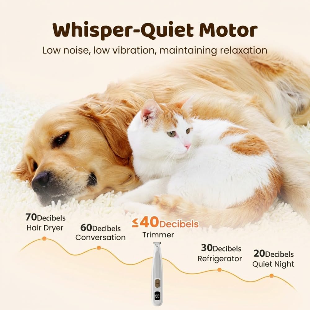 Pet grooming kit showing USB charging port and accessories on a clean background.