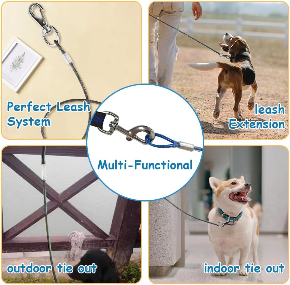 Multiple dog walking accessory setup with two heavy duty cable extenders joined together.