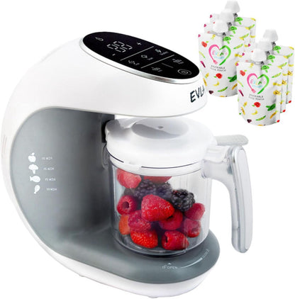 EVLA'S Baby Food Maker premium white digital food processor front view showing touchscreen control panel