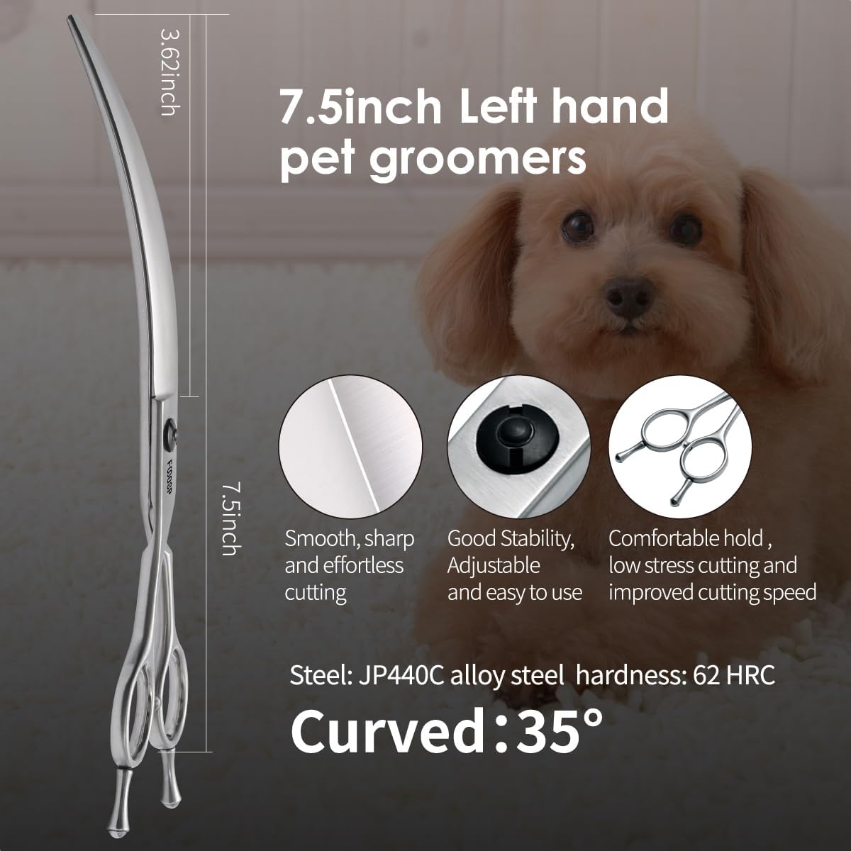 Close up of 35 degree curved blade on Fogosp pet grooming shears