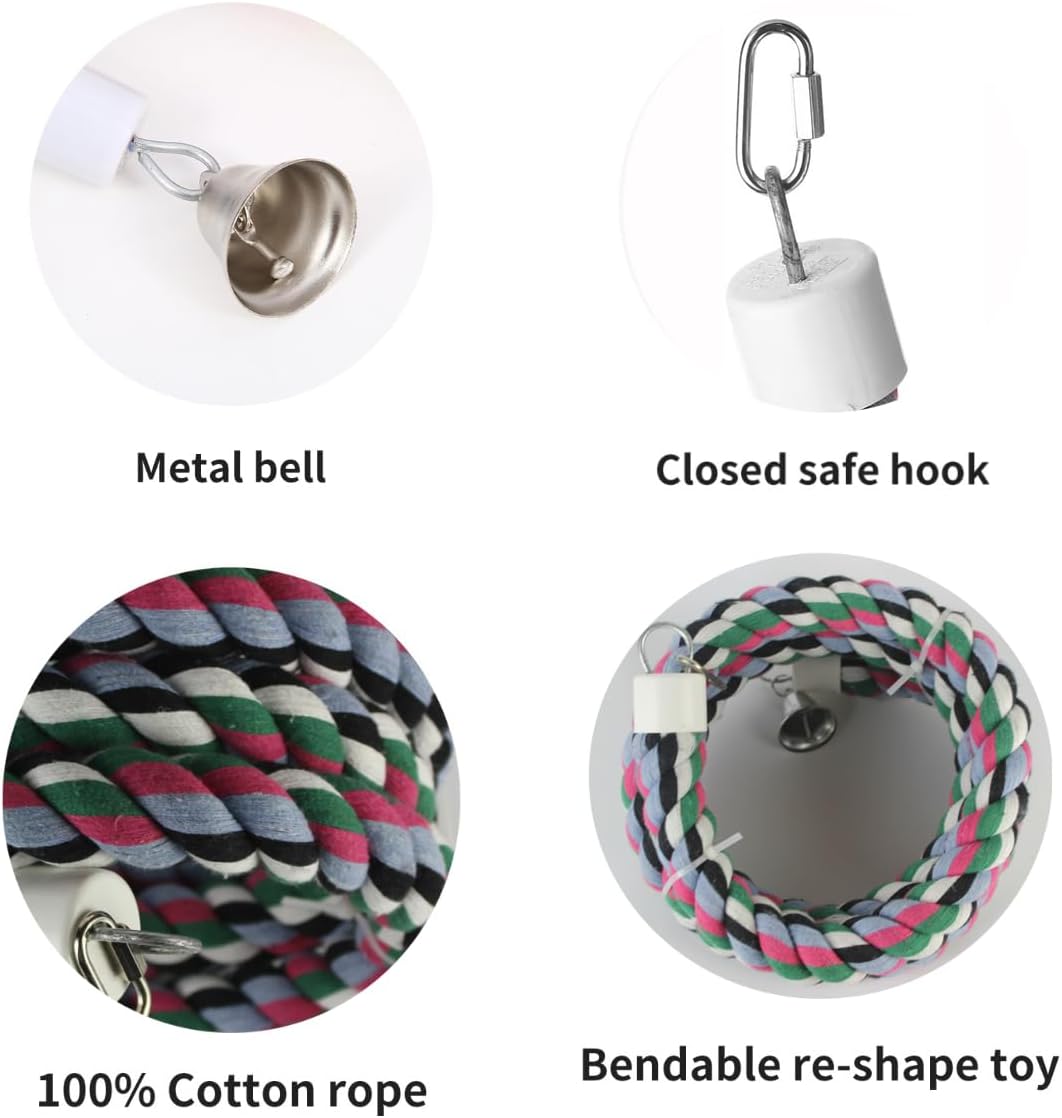 94.4inch Length Colorful Cotton Bendable Rope Perch Swing Bird Chew Toys Amazon Parrots Cage Toys with Bell Swing Climbing Standing Bungee Bird Toys for Regular to Big Size Birds - Image 3