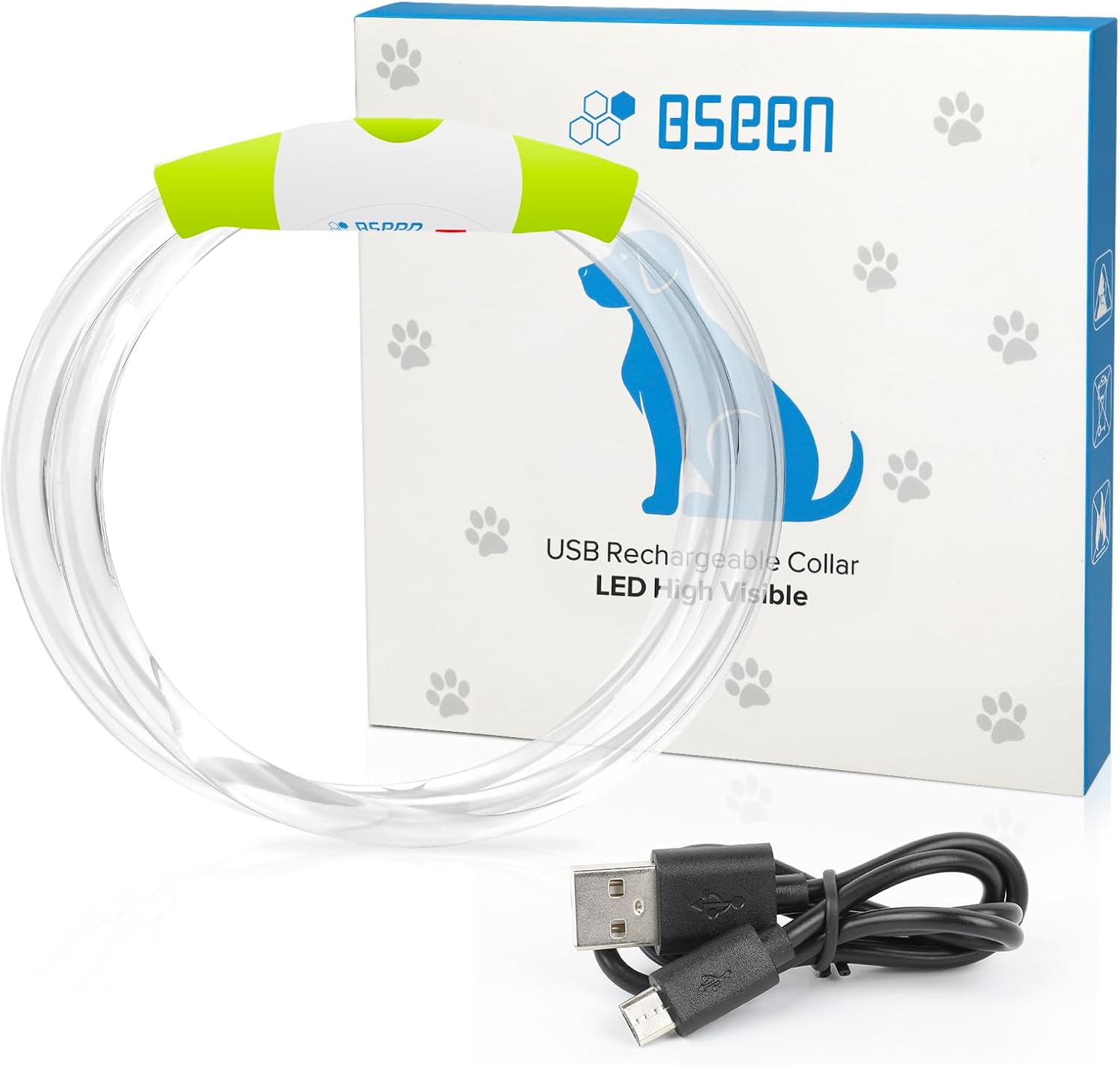 Bseen LED collar packaging and included USB cable