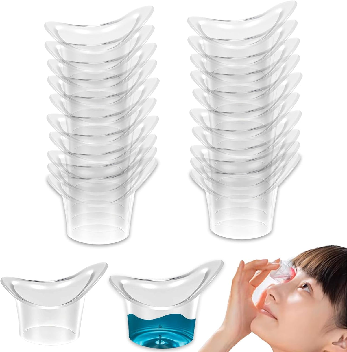 Hexinging 20 Pcs Disposable Eye Wash Cup front view of medical packaging.