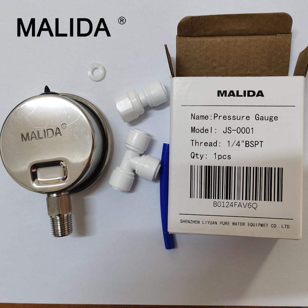 Malida water pressure detector assembly showing the one-quarter inch male connection and included quick connect fittings.