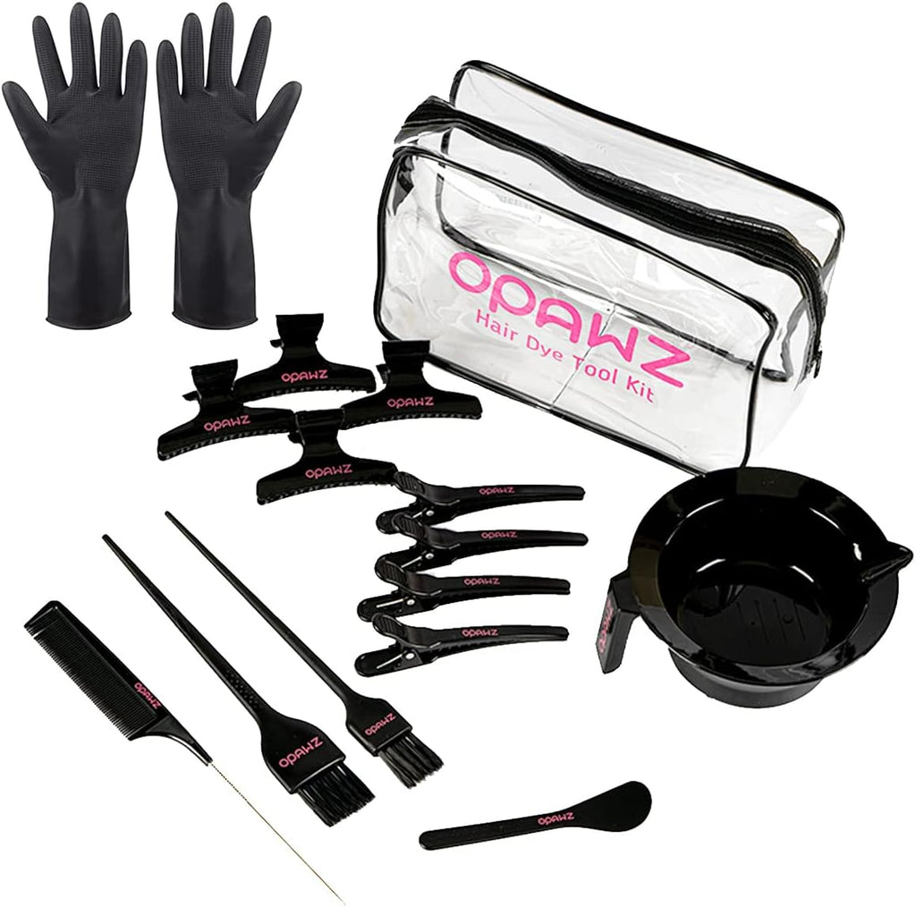 OPAWZ 16 Piece Hair Dye Coloring Kit front view showcasing the complete professional tool collection inside the clear travel bag