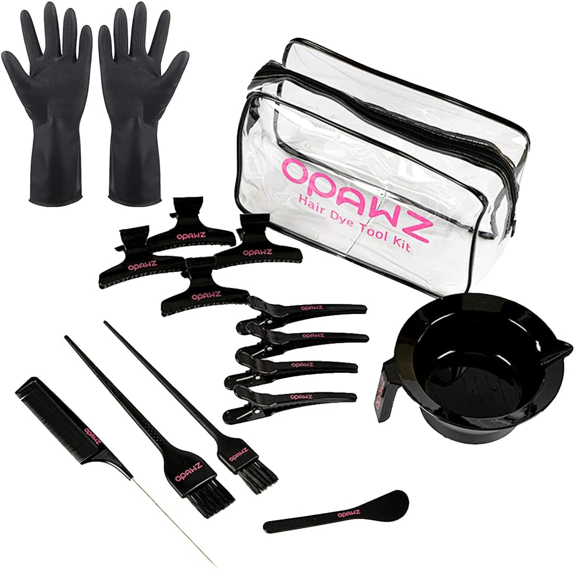 OPAWZ 16 Piece Hair Dye Coloring Kit front view showcasing the complete professional tool collection inside the clear travel bag