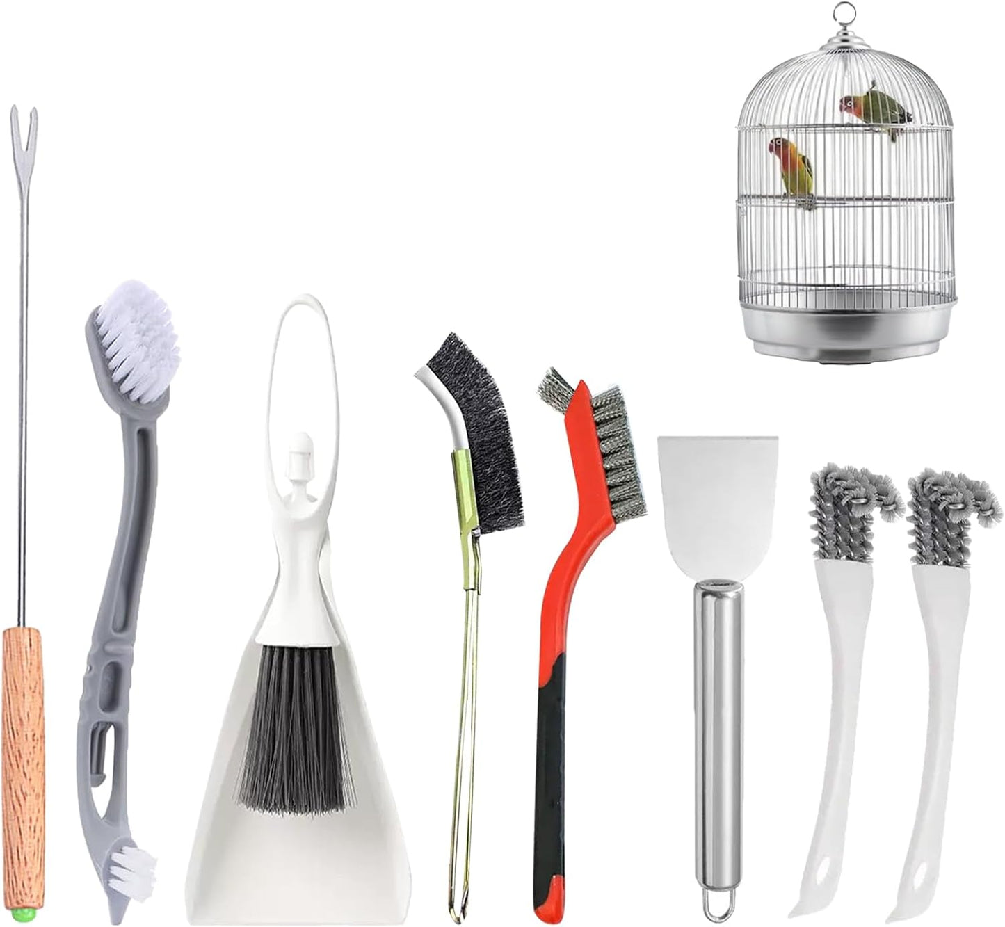 TOAINRSI Bird Cage Cleaning Brush Tool Set front view of the complete eight piece pet habitat maintenance kit.