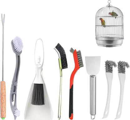 TOAINRSI Bird Cage Cleaning Brush Tool Set front view of the complete eight piece pet habitat maintenance kit.