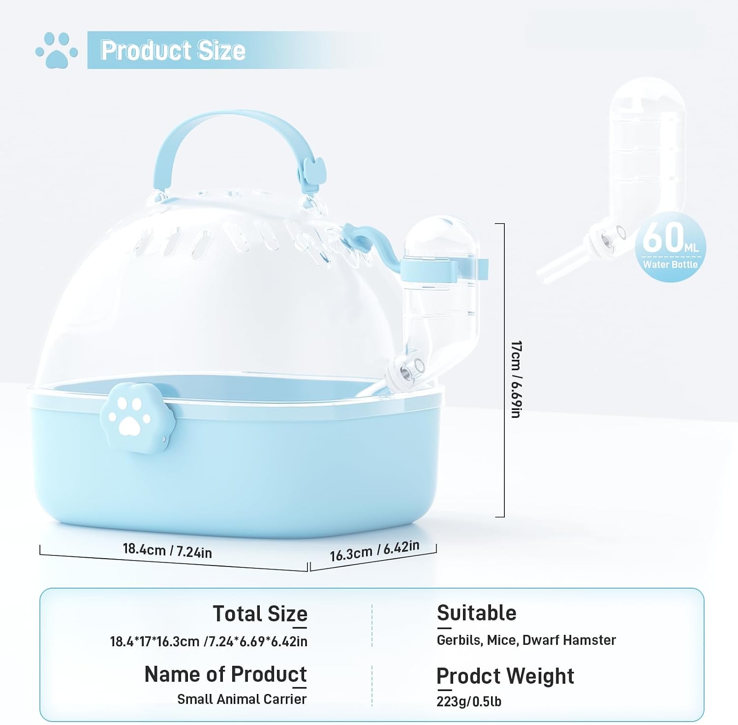 BUCATSTATE Small Animal Carrier Cage with Water Bottle, Portable Hamster Travel Carrier Carry Case 7.24" L*6.69 W *6.42" H for Small Pets, Gerbils, Mice, Dwarf Hamster (Blue) - Image 2
