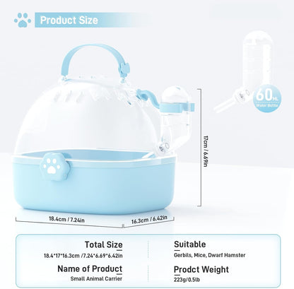 BUCATSTATE Small Animal Carrier Cage with Water Bottle, Portable Hamster Travel Carrier Carry Case 7.24" L*6.69 W *6.42" H for Small Pets, Gerbils, Mice, Dwarf Hamster (Blue) - Image 2