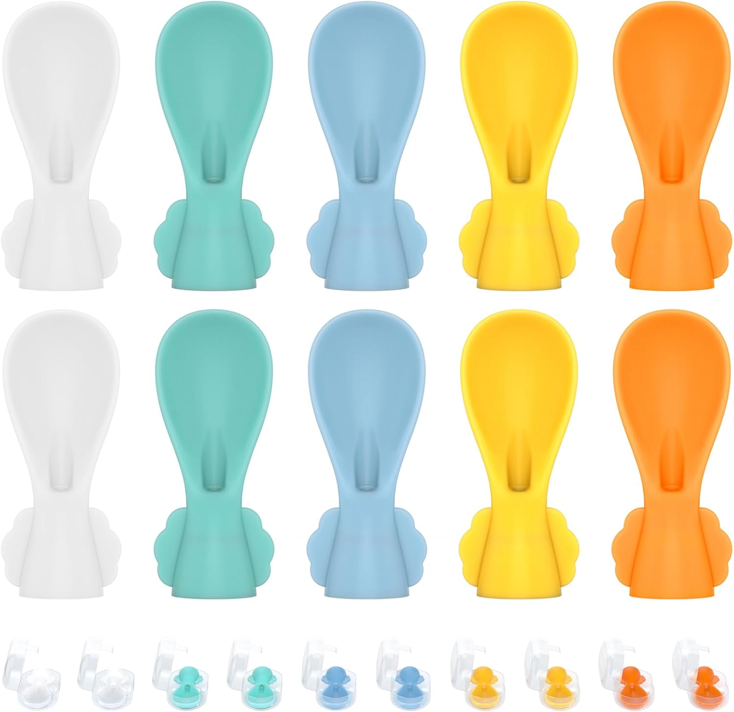 MiniMunch universal baby food pouch spoon attachment 10 pack front view showcasing colorful silicone squeeze toppers.