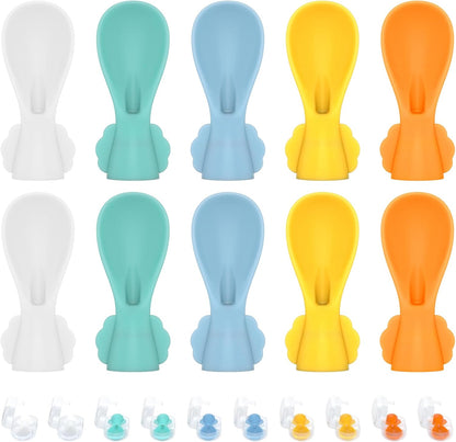 MiniMunch universal baby food pouch spoon attachment 10 pack front view showcasing colorful silicone squeeze toppers.