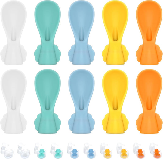 MiniMunch universal baby food pouch spoon attachment 10 pack front view showcasing colorful silicone squeeze toppers.