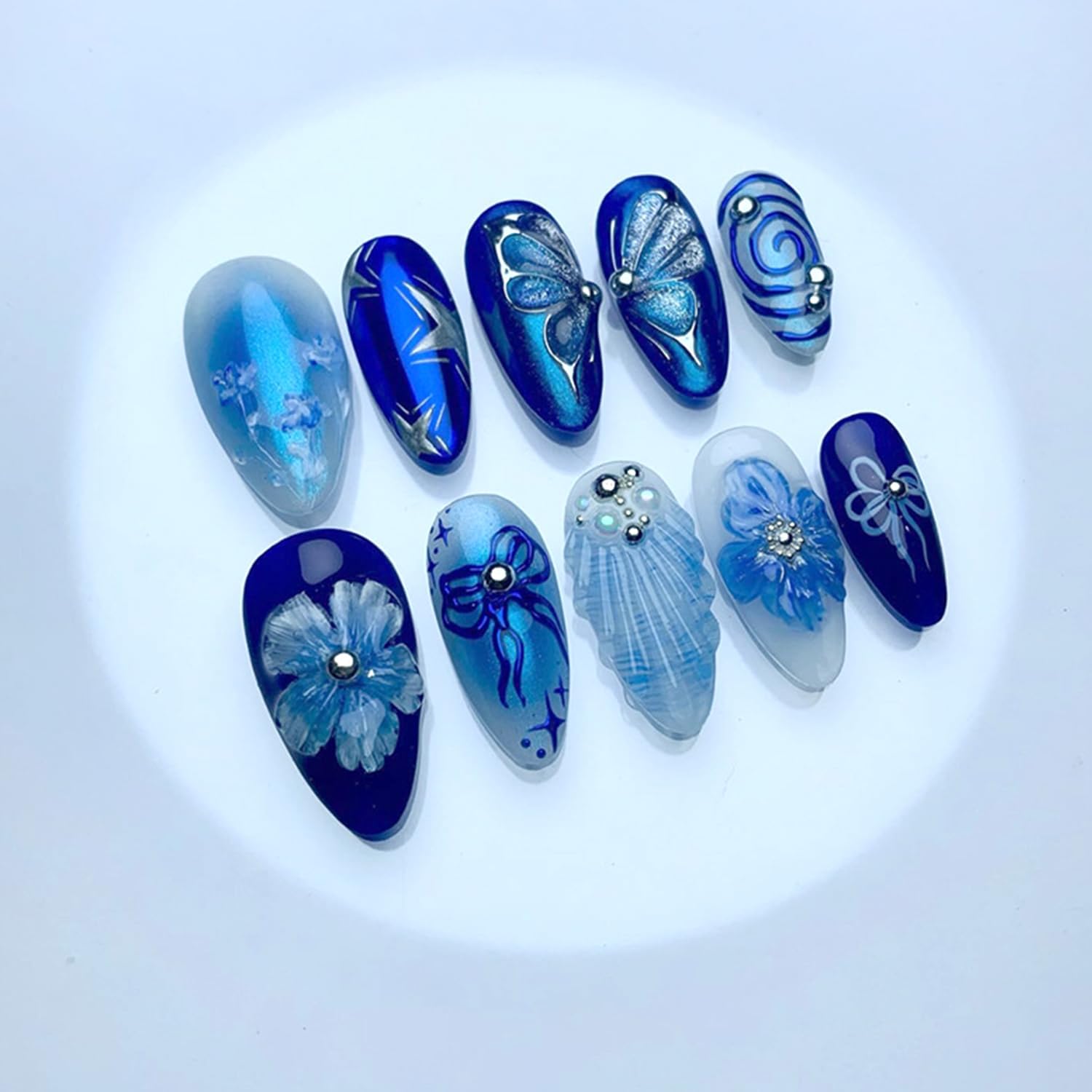 Zrethfb blue almond press on nails with floral and butterfly art