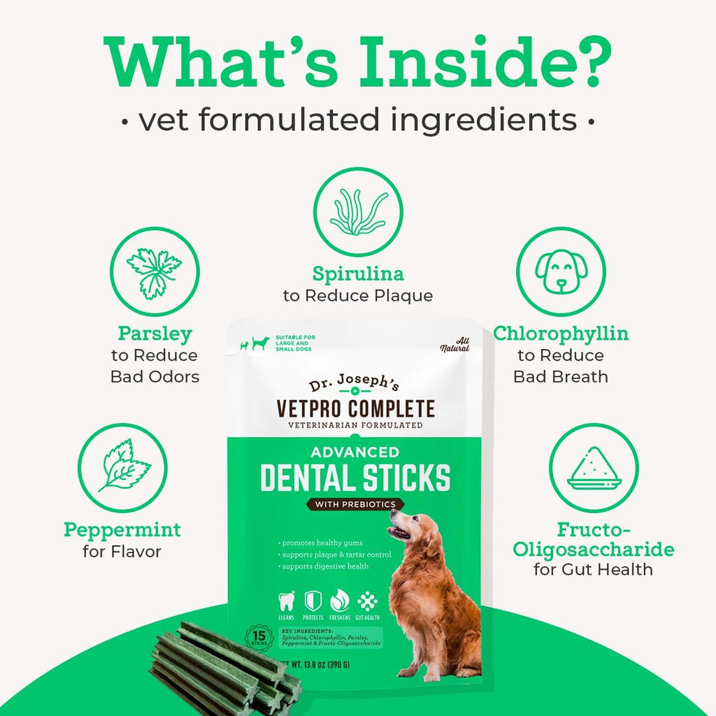 Back of VetPro Complete dental sticks packaging with ingredient details