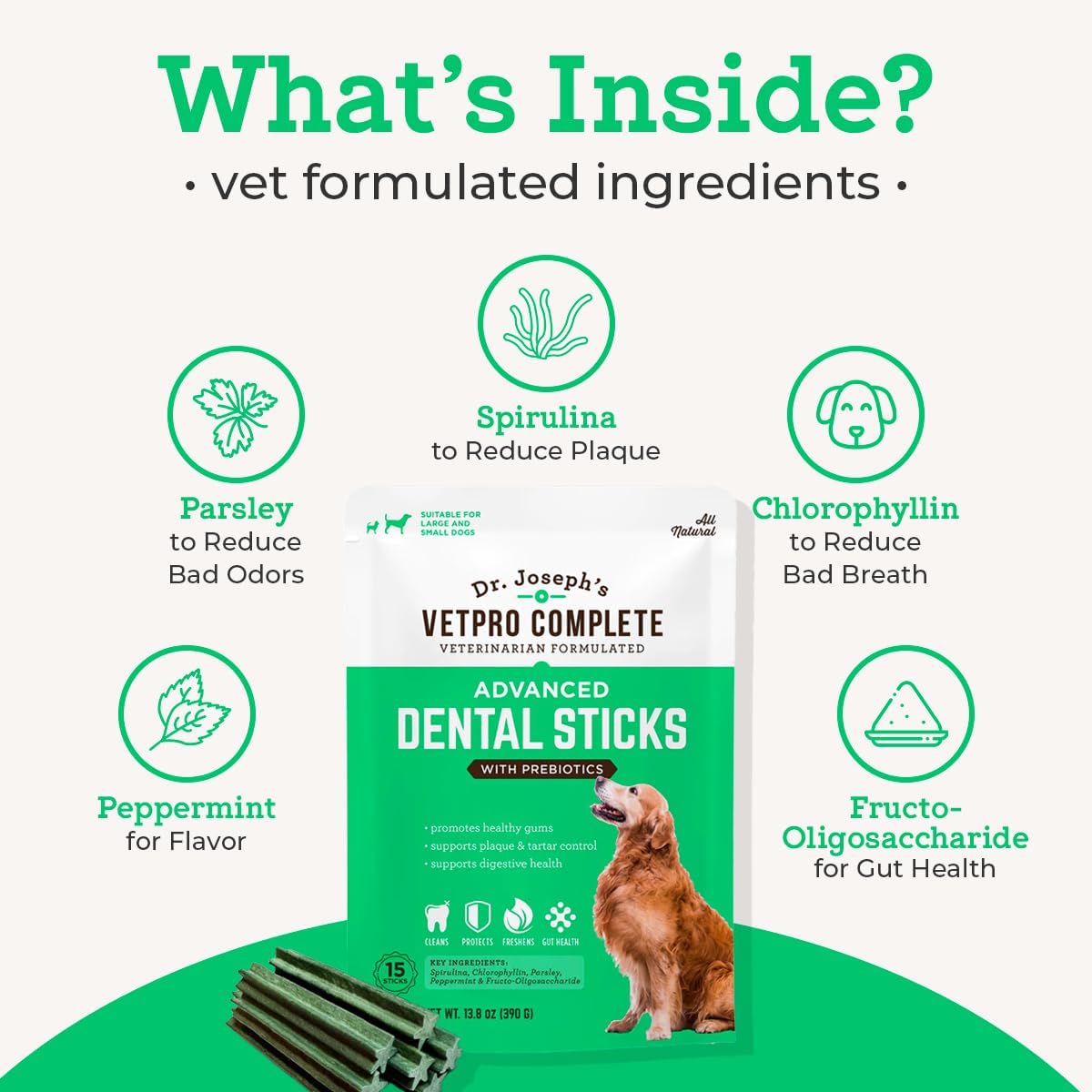 Back of VetPro Complete dental sticks packaging with ingredient details