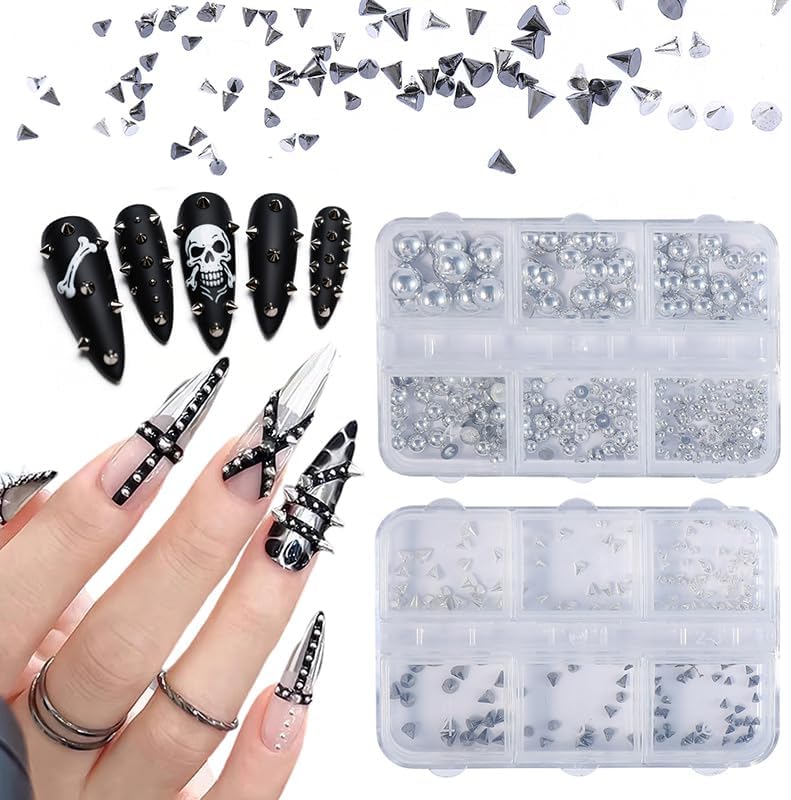 Amztown 3D metal punk nail art studs in two boxes front view