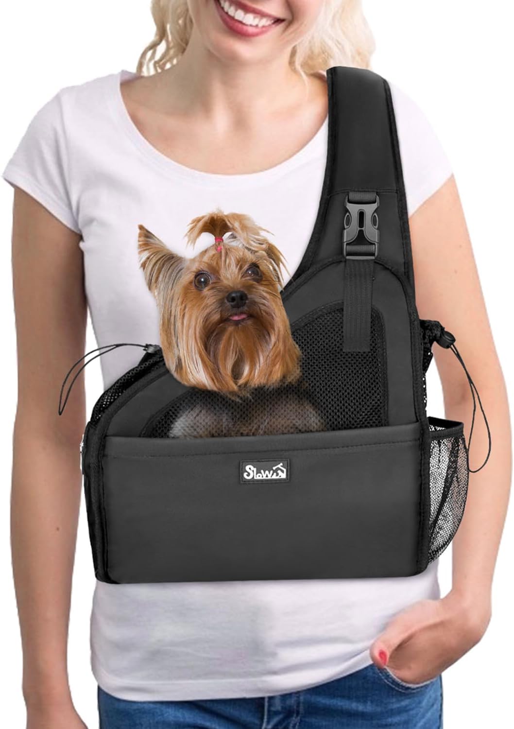 Lukovee dog sling carrier worn by owner for hands free use