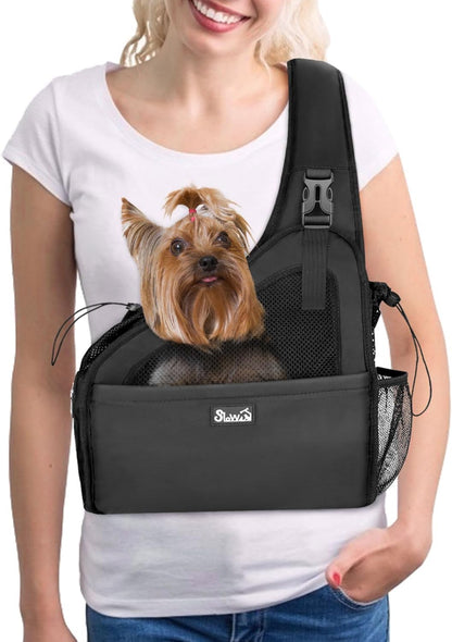 Lukovee dog sling carrier worn by owner for hands free use