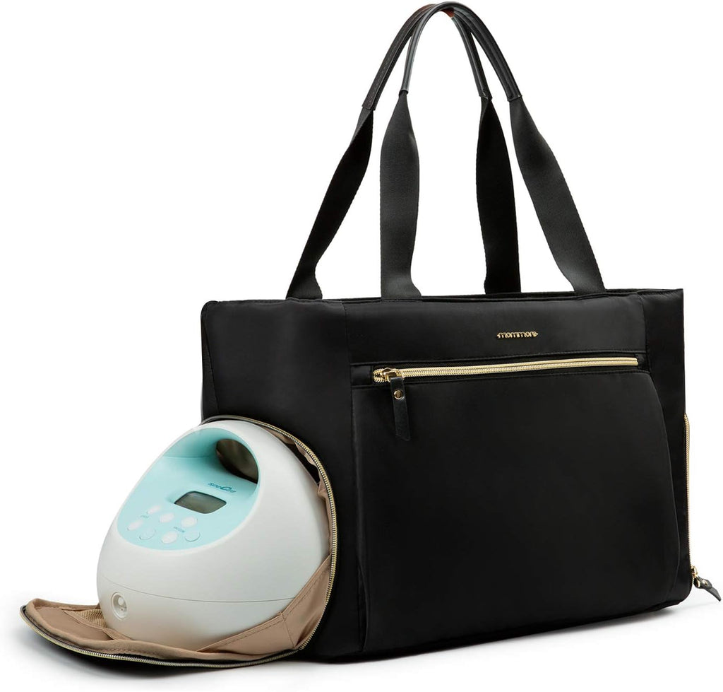 Mommore breast pump diaper tote bag front view in black