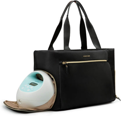 Mommore breast pump bag front view showing black tote design.