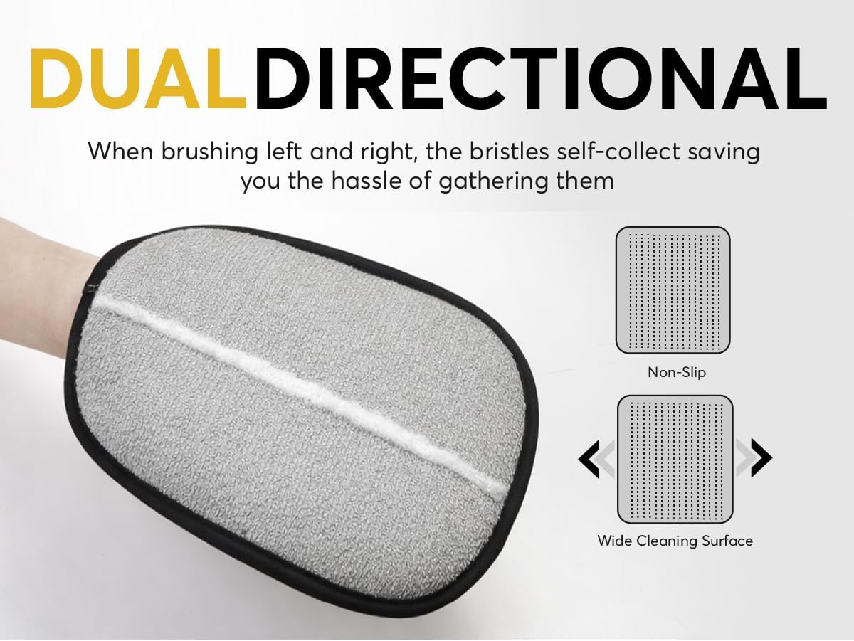Dual hand pet hair remover glove set showing yellow mesh and gray static palm