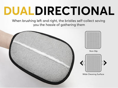 Dual hand pet hair remover glove set showing yellow mesh and gray static palm