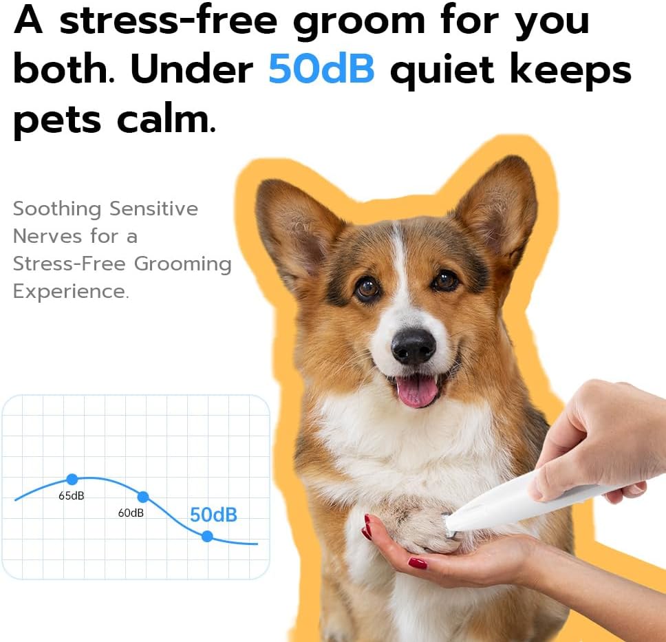 Compact pet hair shaver being used to safely trim the fine fur around a dog paw pad