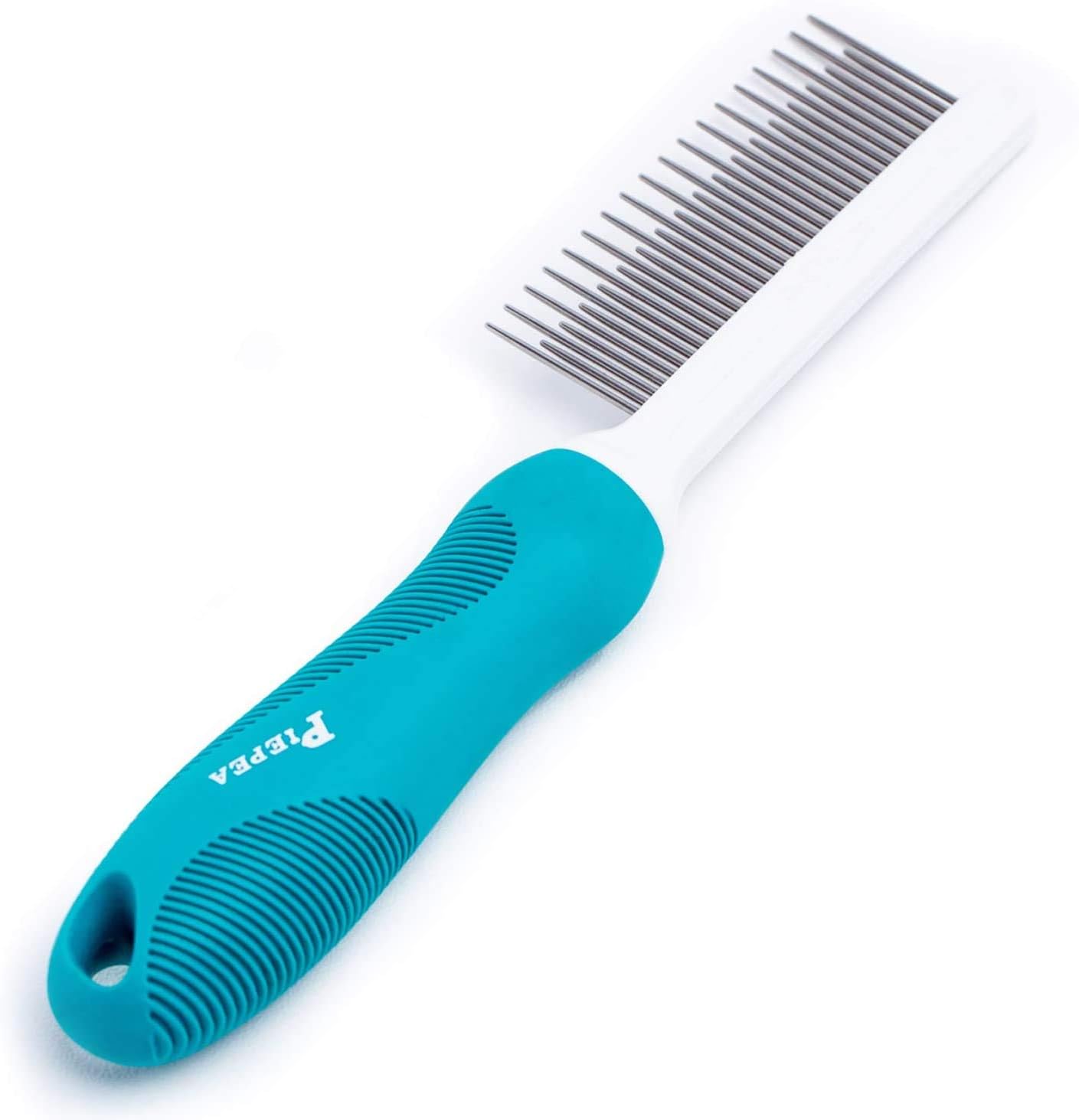 Piepea pet grooming comb front view showing dual length stainless steel teeth