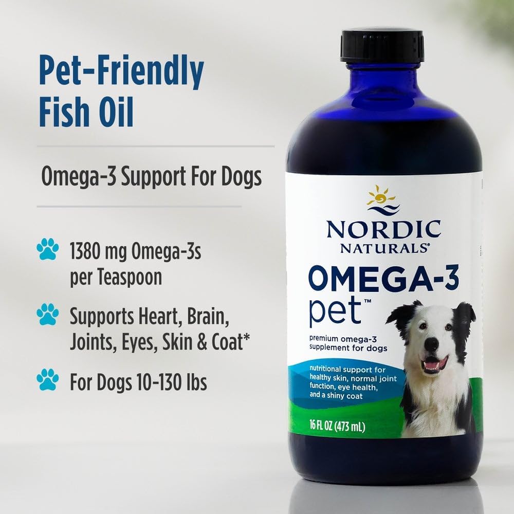 Premium dog fish oil supplement by Nordic Naturals highlighting the pure triglyceride formula.