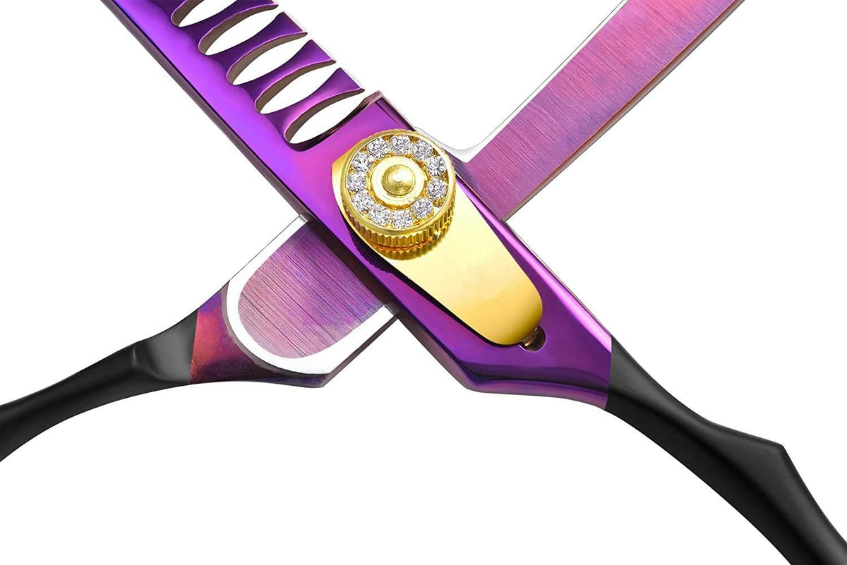 Adjustable rhinestone tension screw detail on Purple Dragon grooming scissors