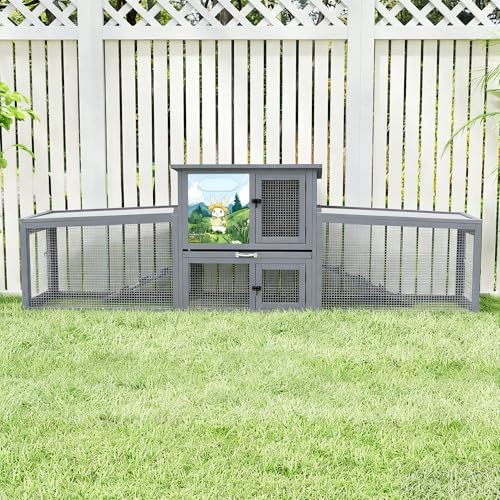 COZIWOW 95inches Extra Large Wood Rabbit Hutch Outdoor Easy to Assemble and Stable Bunny Cage Indoor with Cleaning Tray & Waterproof Roof for Small and Medium Bunny Rabbit ChickGrey with Pattern - Image 2