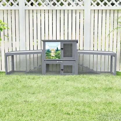 COZIWOW 95inches Extra Large Wood Rabbit Hutch Outdoor Easy to Assemble and Stable Bunny Cage Indoor with Cleaning Tray & Waterproof Roof for Small and Medium Bunny Rabbit ChickGrey with Pattern - Image 2
