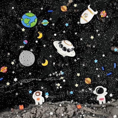 LAWOHO space themed non sticky black butter slime with astronaut charms and planetary mix ins