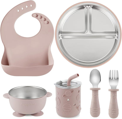 PandaEar 6-in-1 stainless steel baby feeding set pink front view