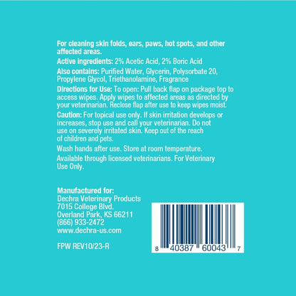 Close up of MalAcetic wet wipes for cleaning dog wrinkles and cat hot spots.