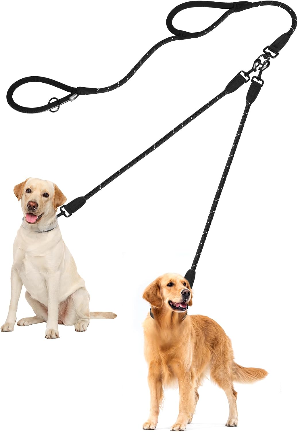 PetBonus rope double dog leash front view showing tangle free swivel clip