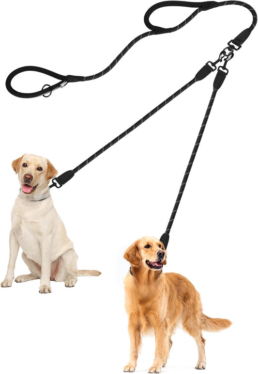 PetBonus rope double dog leash front view showing tangle free swivel clip