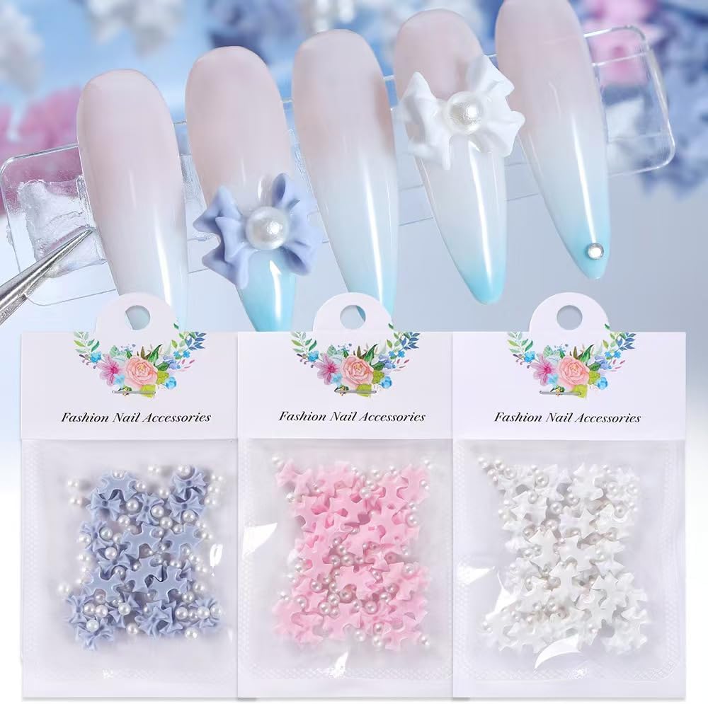Uotey 3-Pack Mixed Nail Charm Set front view with 3D bows and flowers