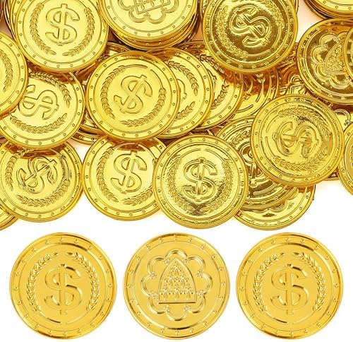 JOYIN plastic doubloons scattered on a table for pirate theme party decorations