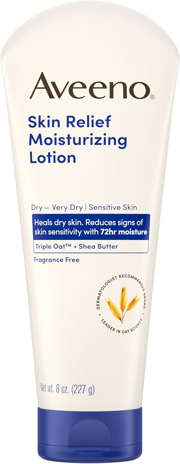 Aveeno Skin Relief Moisturizing Lotion Heals Very Dry, Sensitive Skin, Fast-Absorbing Body Lotion with Soothing Triple Oat & Shea Butter Formula, Fragrance Free, Non-Comedogenic, 12 fl. oz - Image 10