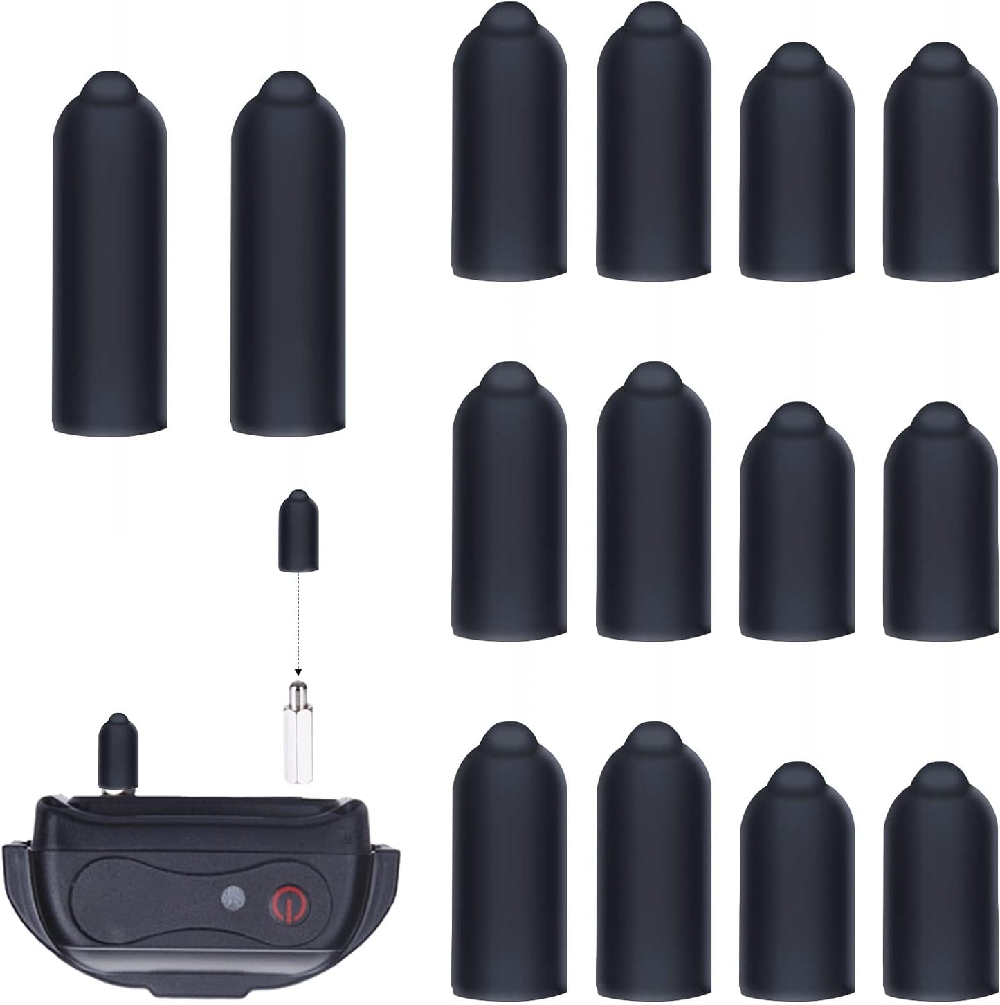 Secure fit flexible rubber caps for standard dog training collar electrodes.
