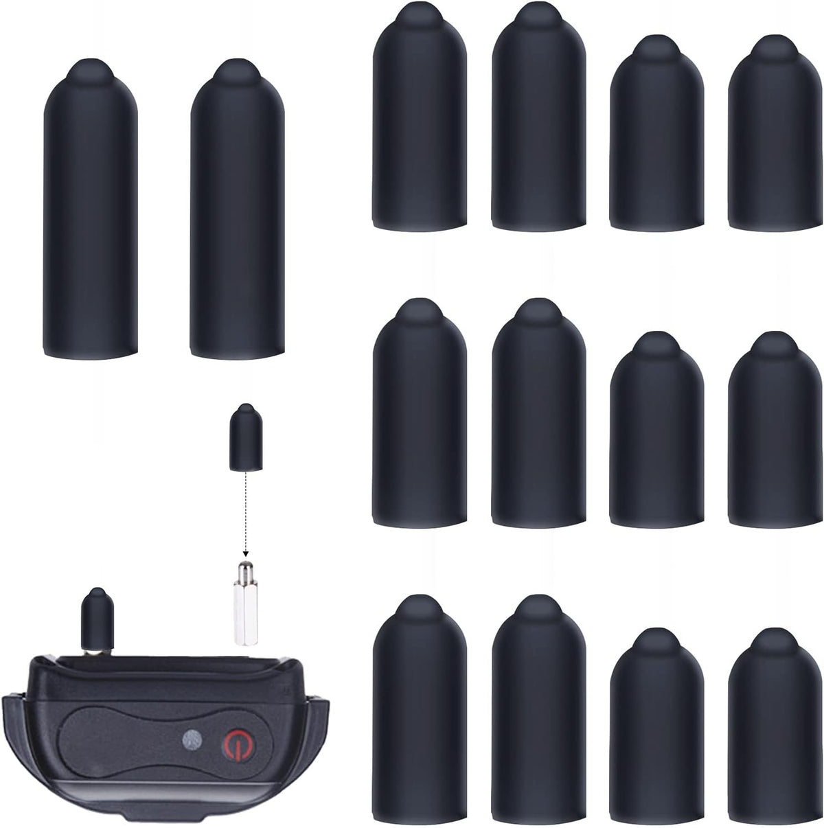 Secure fit flexible rubber caps for standard dog training collar electrodes.