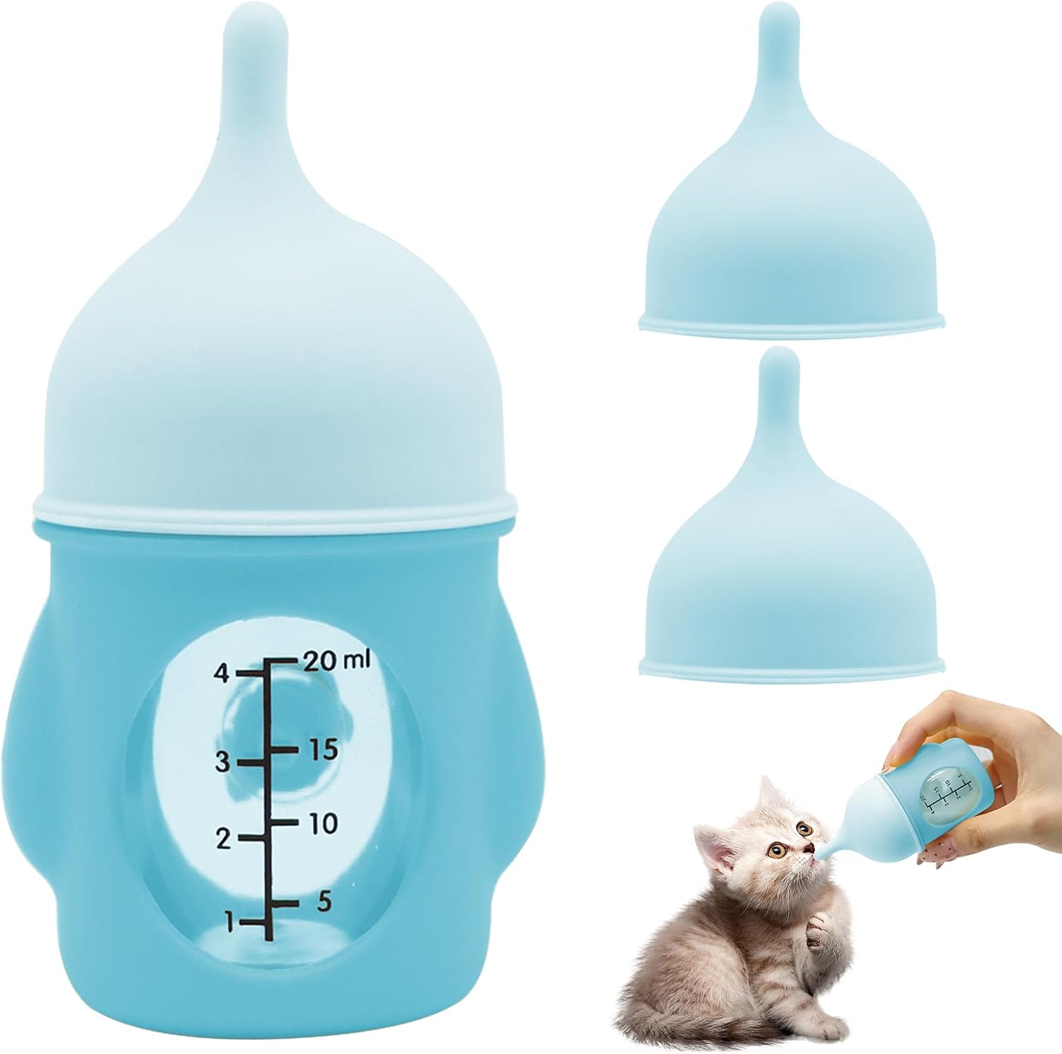 Holdes pet feeder bottle front view showing blue twenty milliliter scale for newborn kittens.