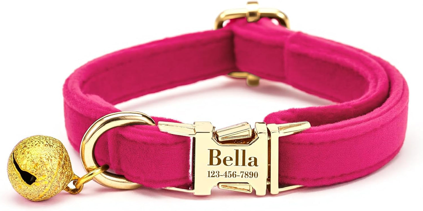 Yijhpbc custom cat collar with bells front view showing laser-engraved nameplate