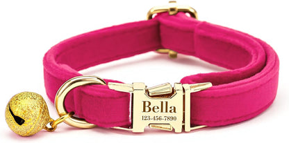 Yijhpbc custom cat collar with bells front view showing laser-engraved nameplate