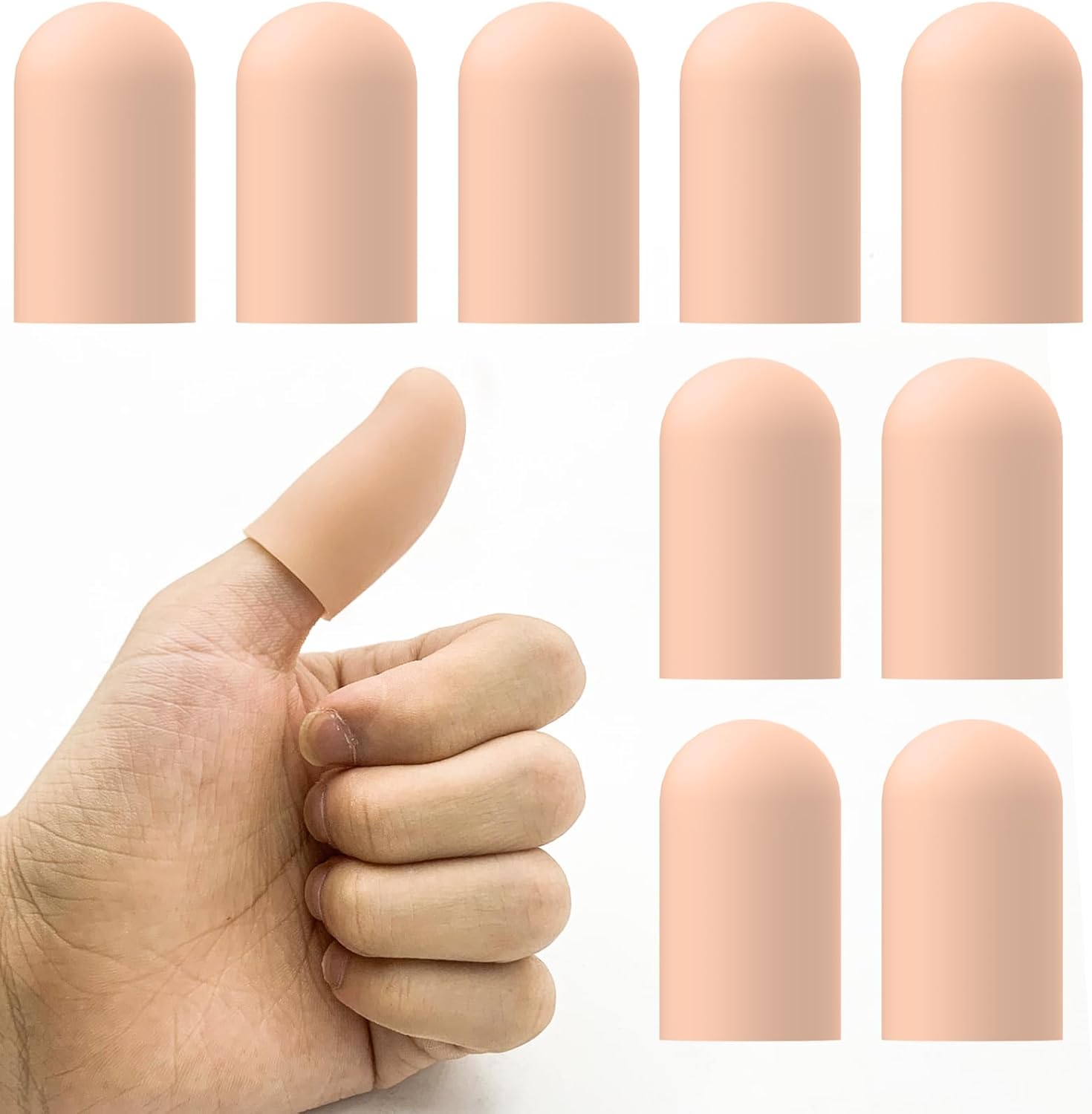 TYTDouter gel finger cots for thumbs pack of 10 front view showcasing skin tone silicone material.