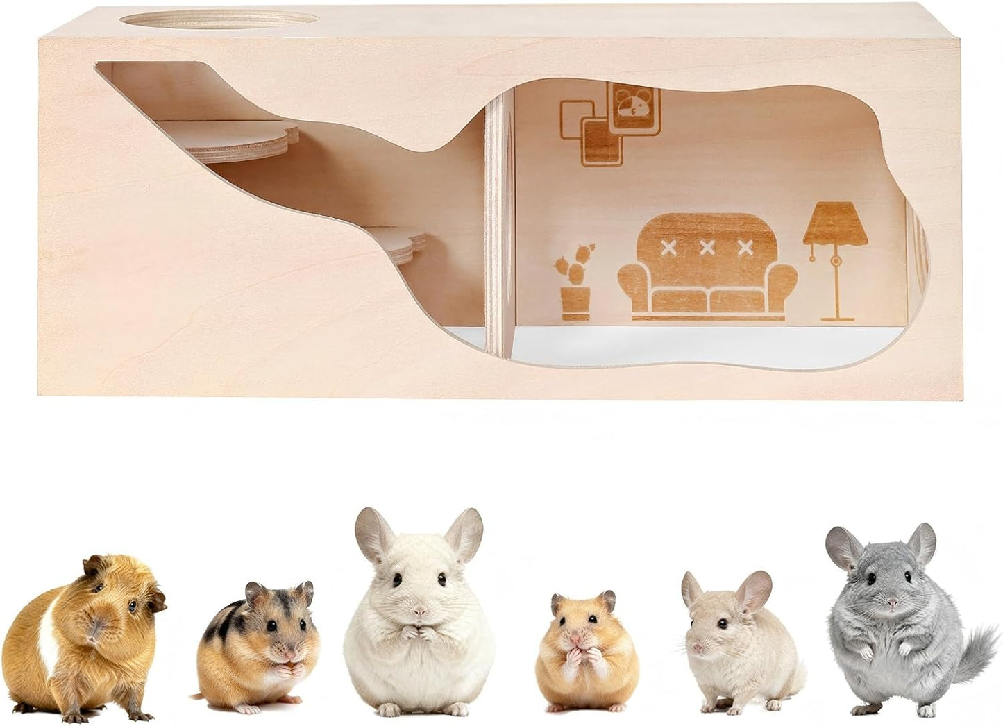 Marchul Magnetic Hamster Hideout Wooden House Chamber for Small Animals Pets Tunnel Exploring Toys for Dwarf Hamsters, Syrian, Gerbils, Hedgehogs, Rats, Mice (Living Room) - Image 1