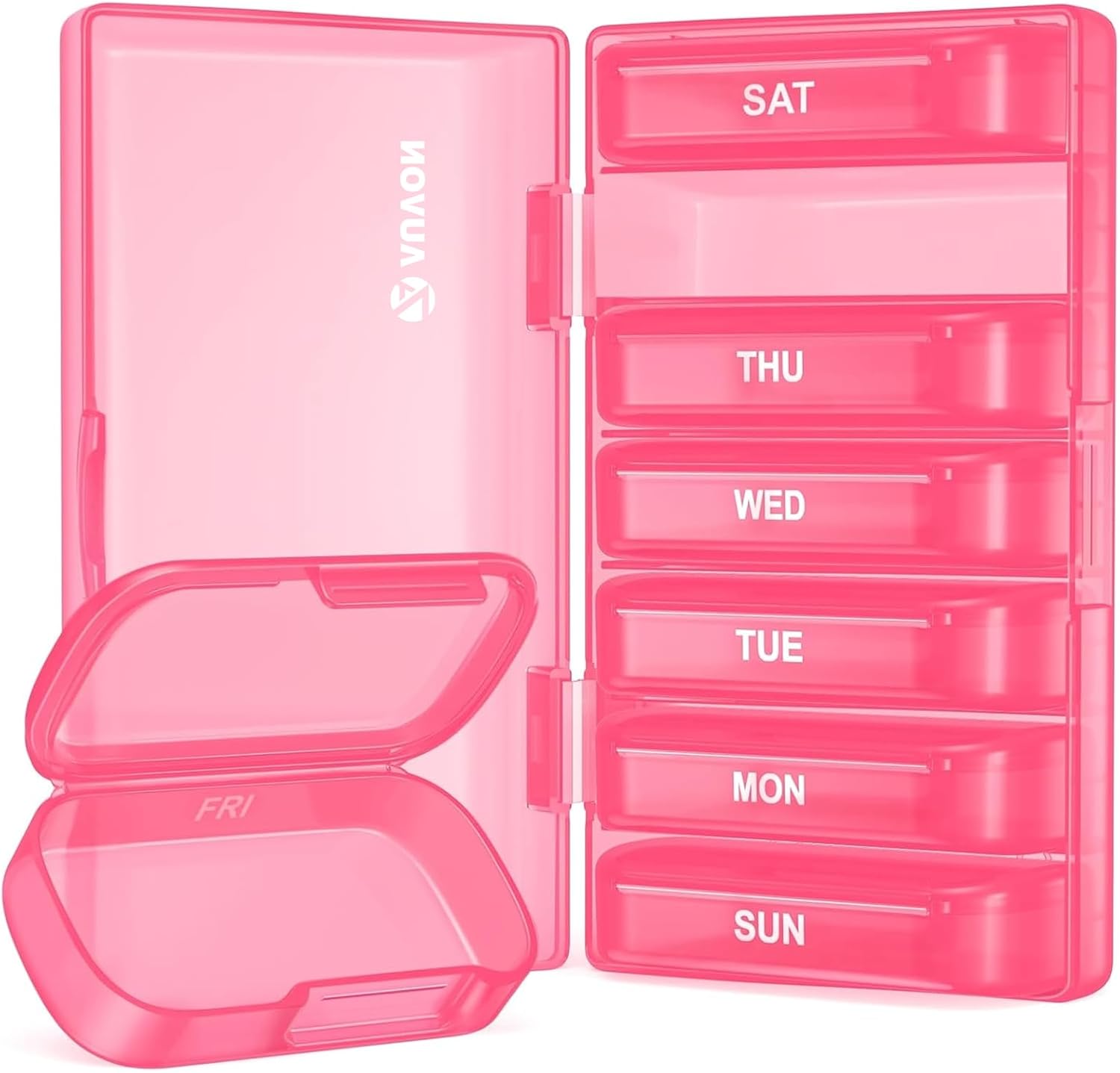 AUVON 7-pack large weekly pill organizer front view showcasing pink protective outer case and seven individual daily compartments